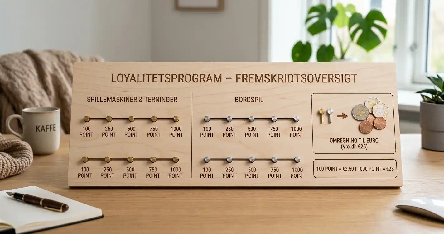 Neutral progressionstavle med tokenmarkører, euroværdi og to spor for slots og bordspil
