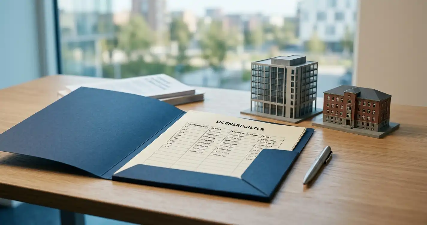 Dokumentmappe, registerliste og to neutrale myndighedsbygninger på et skrivebord