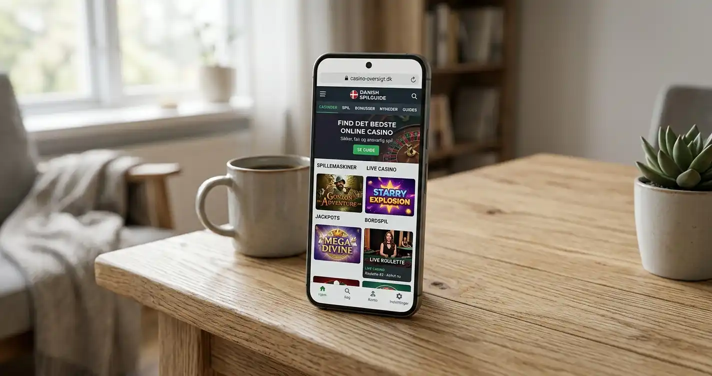 Smartphone med casino-lignende browserlayout, spilfliser og kontomenu på skærmen