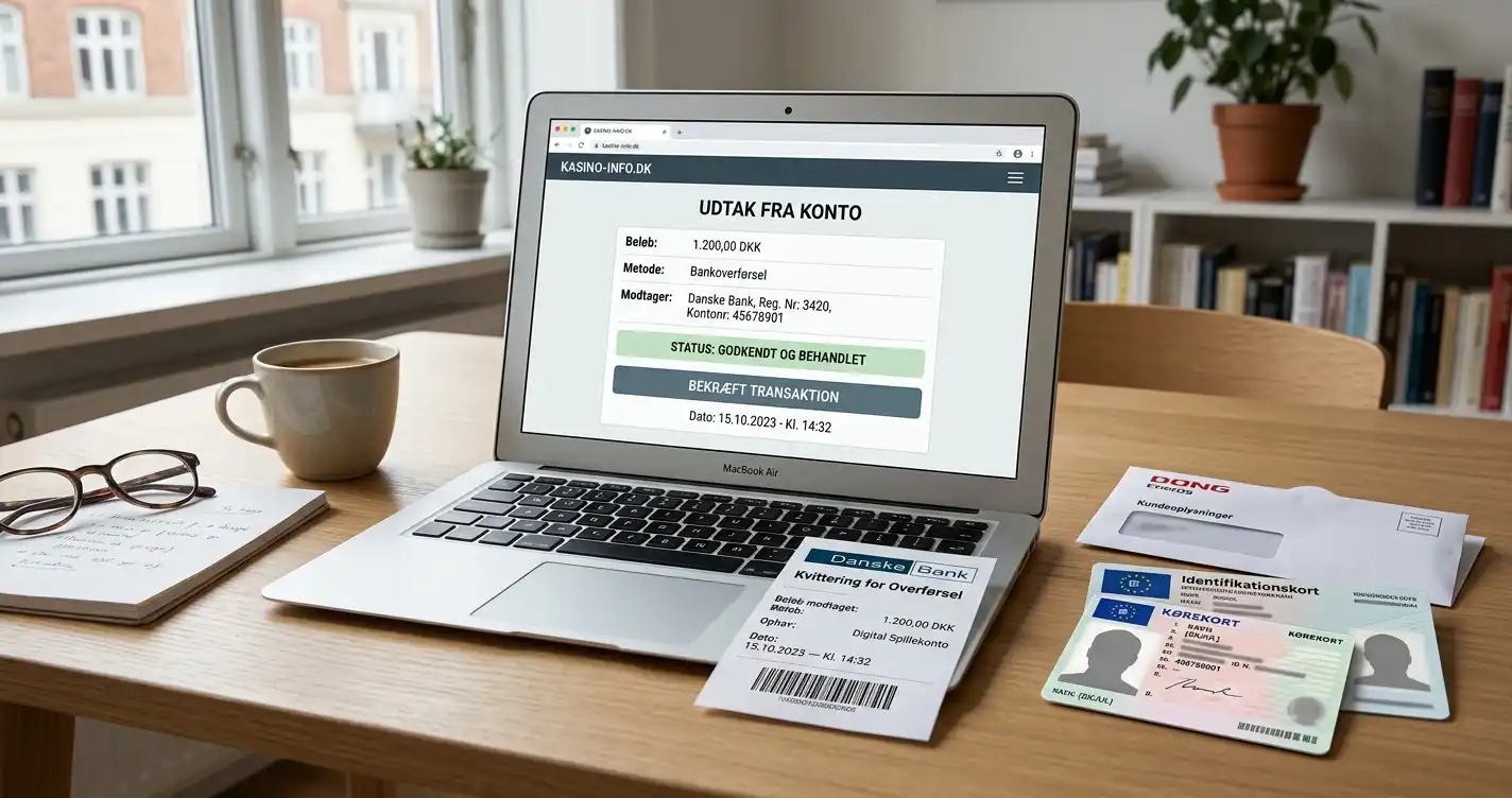 Laptop med udbetalingskvittering, identitetsdokument uden persondata og bankoverførsel på et skrivebord